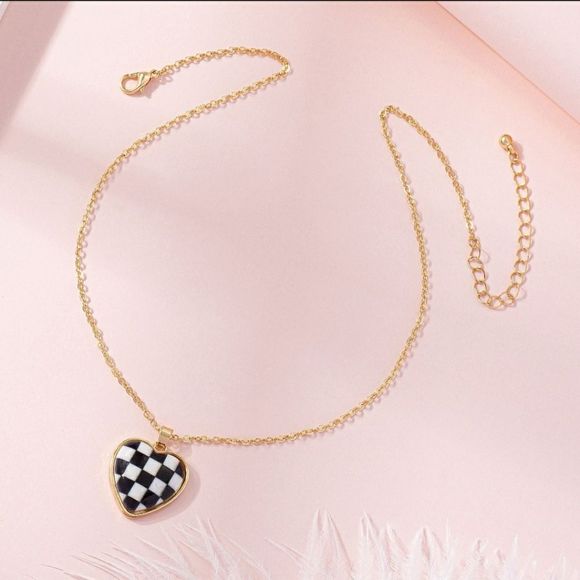 SEE NEW LISTING Checkerboard Heart Pendant Necklace - Picture 2 of 6